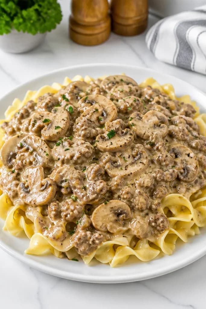 Creamy Mushroom and Ground Beef Stroganoff with Sour Cream