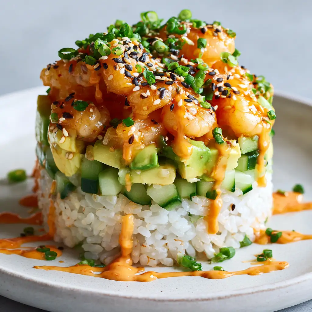 Spicy Shrimp Sushi Stacks with Avocado and Cucumber