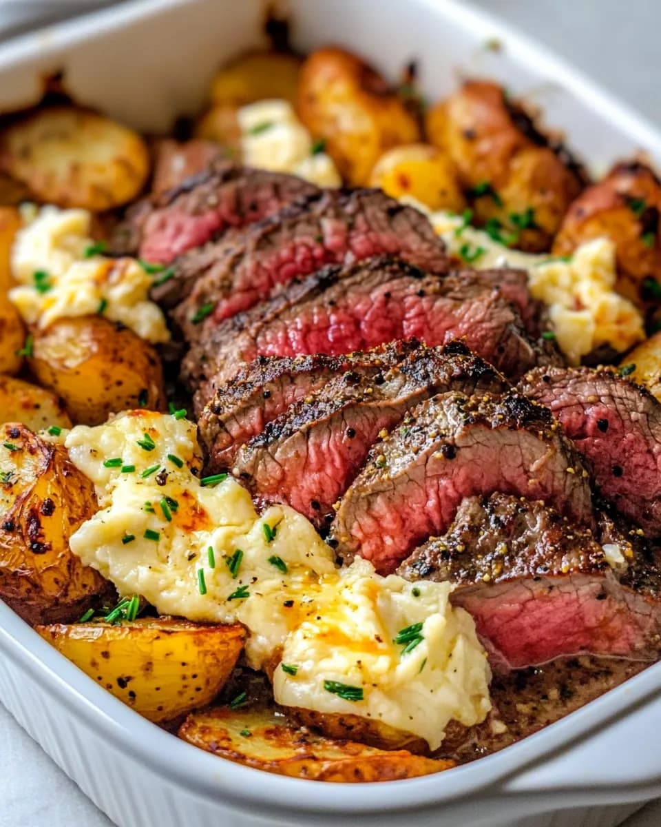 Garlic Butter Steak and Cheddar Potato Bake with Golden Cheddar Crust