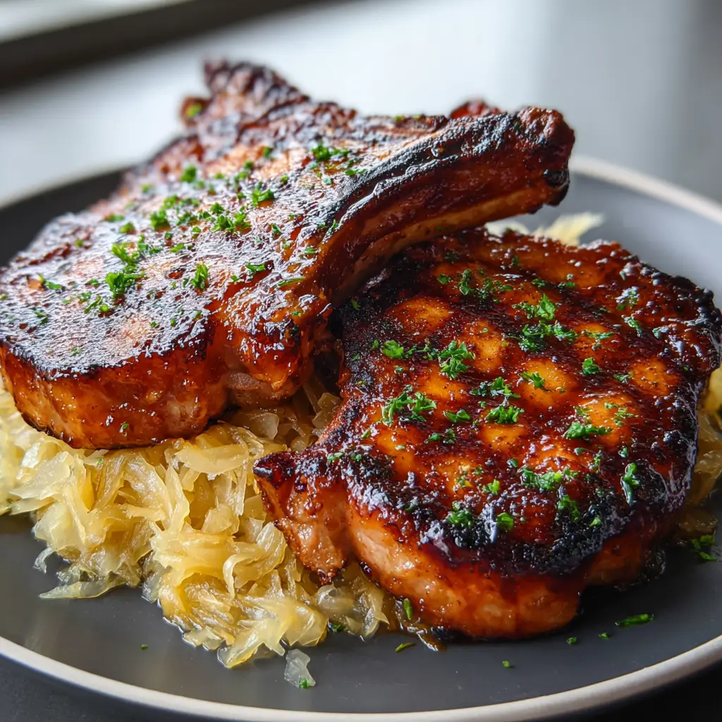 Grilled Brown Sugar Pork Chops with Sauerkraut