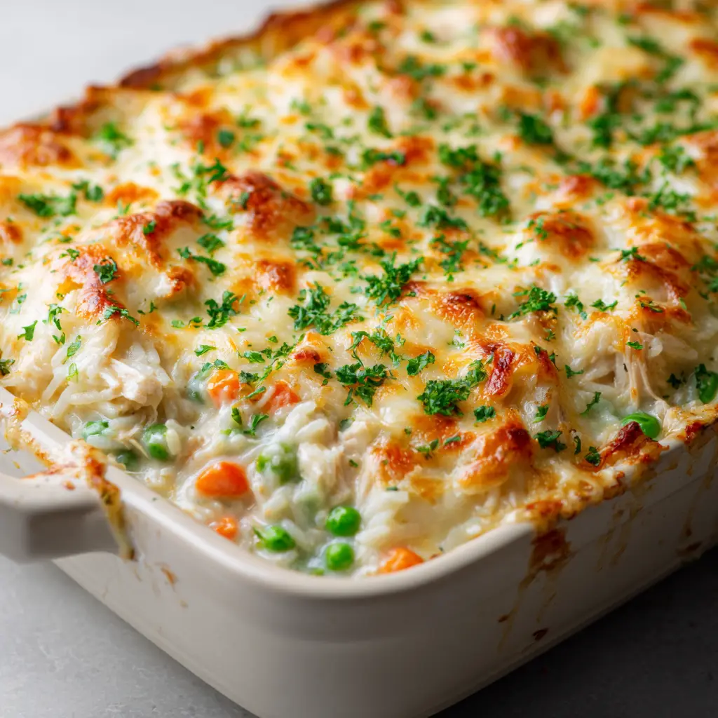 Creamy Chicken and Rice Casserole with Cheddar and Mozzarella