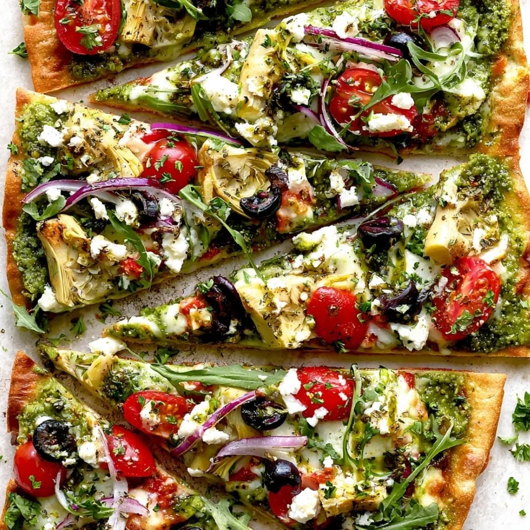 Mediterranean Flatbread Pizza with Hummus, Feta, and Crisp Edges