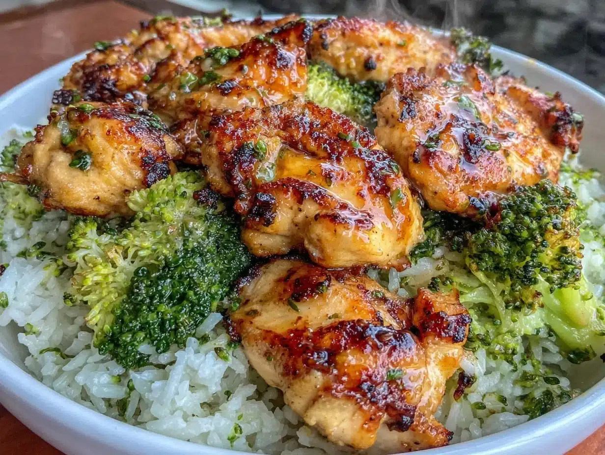 Chicken and Broccoli Rice Bowl with Soy Sauce and Lemon