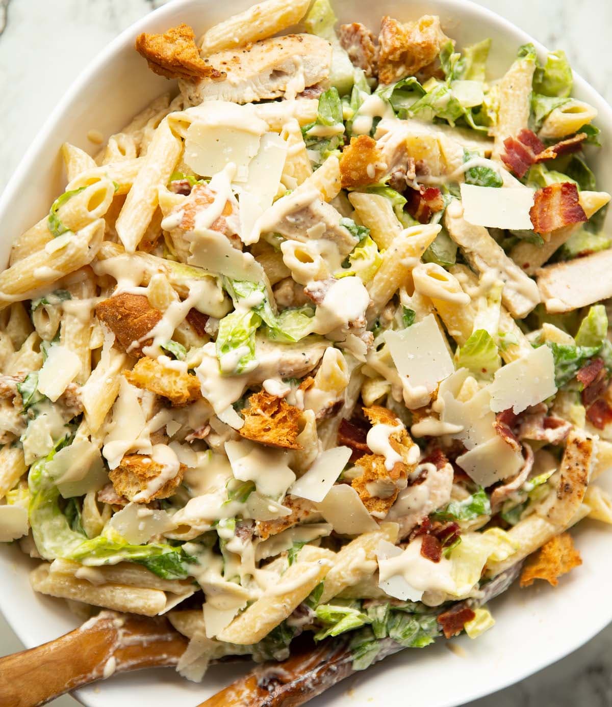 Chicken Caesar Pasta Salad with Bacon and Homemade Croutons
