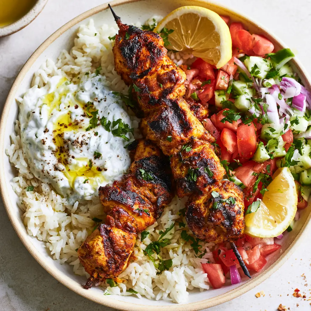 Mediterranean Rice Bowl with Chicken Tawook and Tahini Sauce